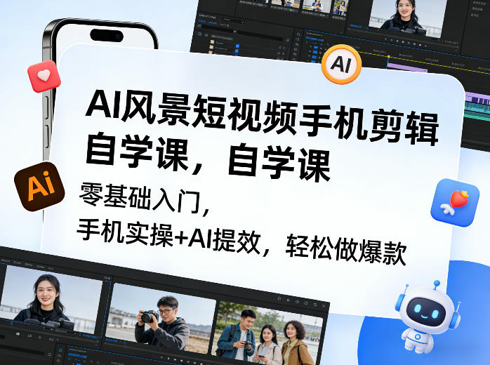 AI风景短视频手机剪辑自学课，零基础入门，手机实操+AI提效，轻松做爆款-灼光资源宝库