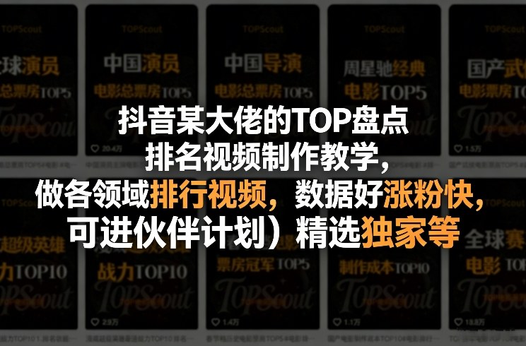 抖音某大佬的TOP盘点排名视频制作，做各领域排行视频，数据好涨粉快，可进伙伴计划＋精选独家等-灼光资源宝库