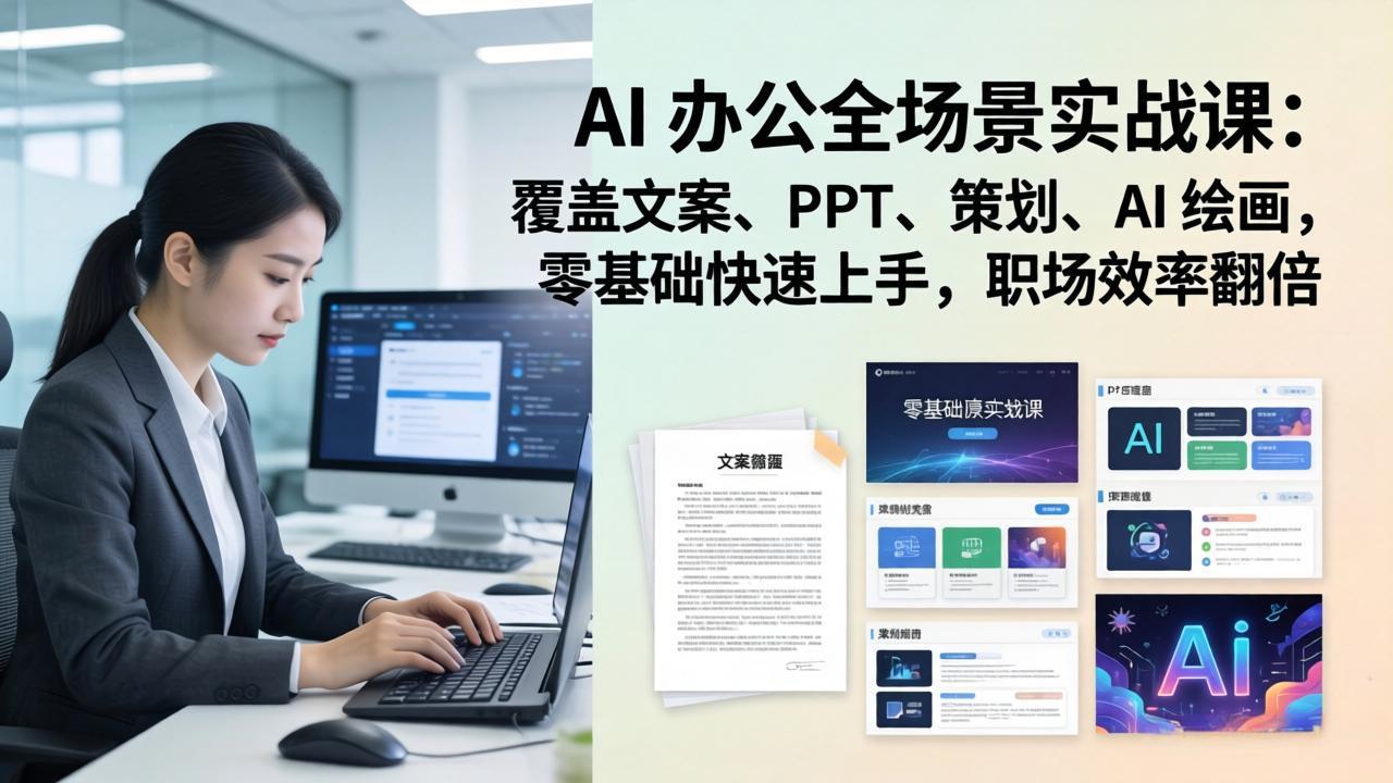 AI 办公全场景实战课：覆盖文案、PPT、策划、AI 绘画，零基础快速上手，职场效率翻倍-蘑菇资源宝库