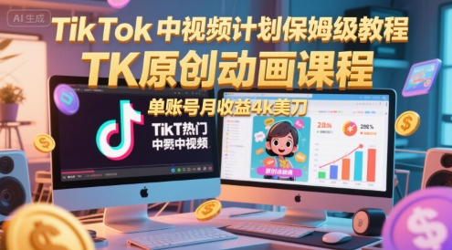 TikTok中视频计划保姆级教程，TK原创动画课程，单账号月收益4k美刀-灼光资源宝库