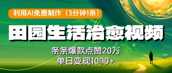 利用AI免费制作田园生活治愈视频，条条爆款点赞20W，单日变现几张-灼光资源宝库
