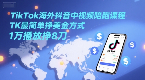 TikTok海外抖音中视频陪跑课程，TK最简单挣美金方式，1万播放挣8刀-灼光资源宝库