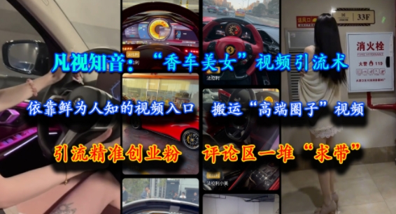 凡视知音：“香车美女”视频引流术，依靠鲜为人知的视频入口，搬运“高端圈子”视频，引流精准创业粉，评论区一堆“求带”-灼光资源宝库