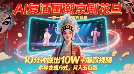 AI复活国潮京剧花旦，一颦一笑美到窒息，10分钟做出10W+爆款视频，多种变现方式，月入五位数-灼光资源宝库