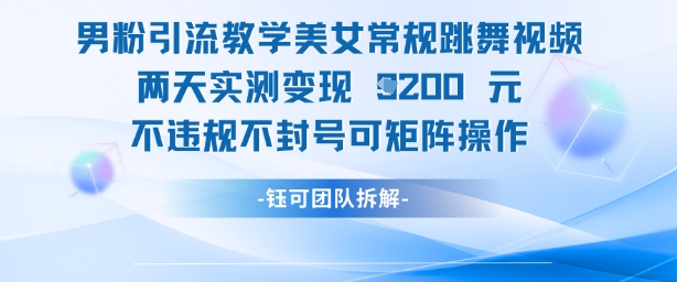 男粉引流教学美女常规跳舞视频两天实测变现1k+，不违规不封号可矩阵操作-灼光资源宝库