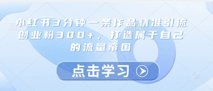 小红书3分钟一条作品精准引流创业粉300+，打造属于自己的流量帝国-灼光资源宝库