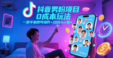 抖音男粉项目0成本玩法，一部手机即可操作，日均4张+，时间自由-灼光资源宝库