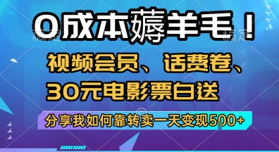 0成本薅羊毛!视频会员、话费卷、30元电影票白送，分享我如何靠转卖一天变现5张+【揭秘】-灼光资源宝库