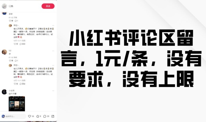 小红书评论区留言,1元条,没有要求,没有上限-灼光资源宝库