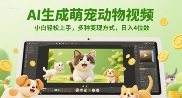 AI生成萌宠动物视频,小白轻松上手,多种变现方式,日入4位数-灼光资源宝库