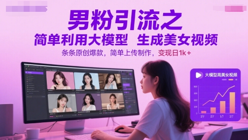 男粉引流之简单利用大模型生成美女视频，条条原创爆款，简单上传制作，变现日1k+-灼光资源宝库