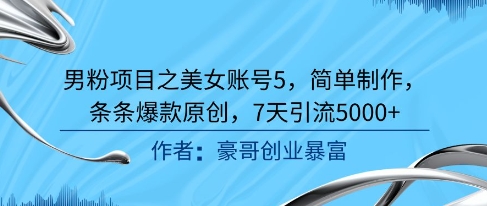 男粉项目之美女账号5，简单制作，条条爆款原创，7天引流5000+-灼光资源宝库