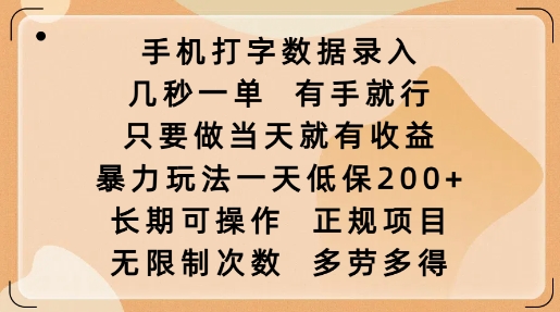 手机打字数据录入,几秒一单,有手就行,只要做当天就有收益,暴力玩法一天低保2张-灼光资源宝库