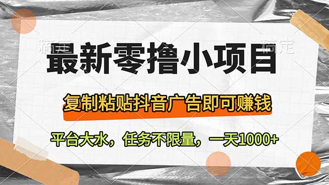 最新零撸小项目，复制粘贴抖音广告即可赚钱，平台大水，任务不限量，一...-灼光资源宝库