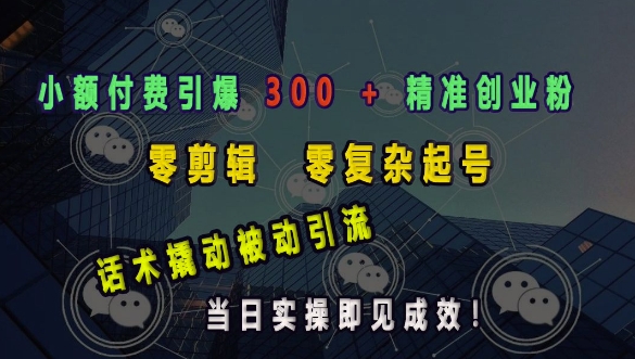 小额付费引爆 300 + 精准创业粉，零剪辑、零复杂起号，话术撬动被动引流，当日实操即见成效-灼光资源宝库
