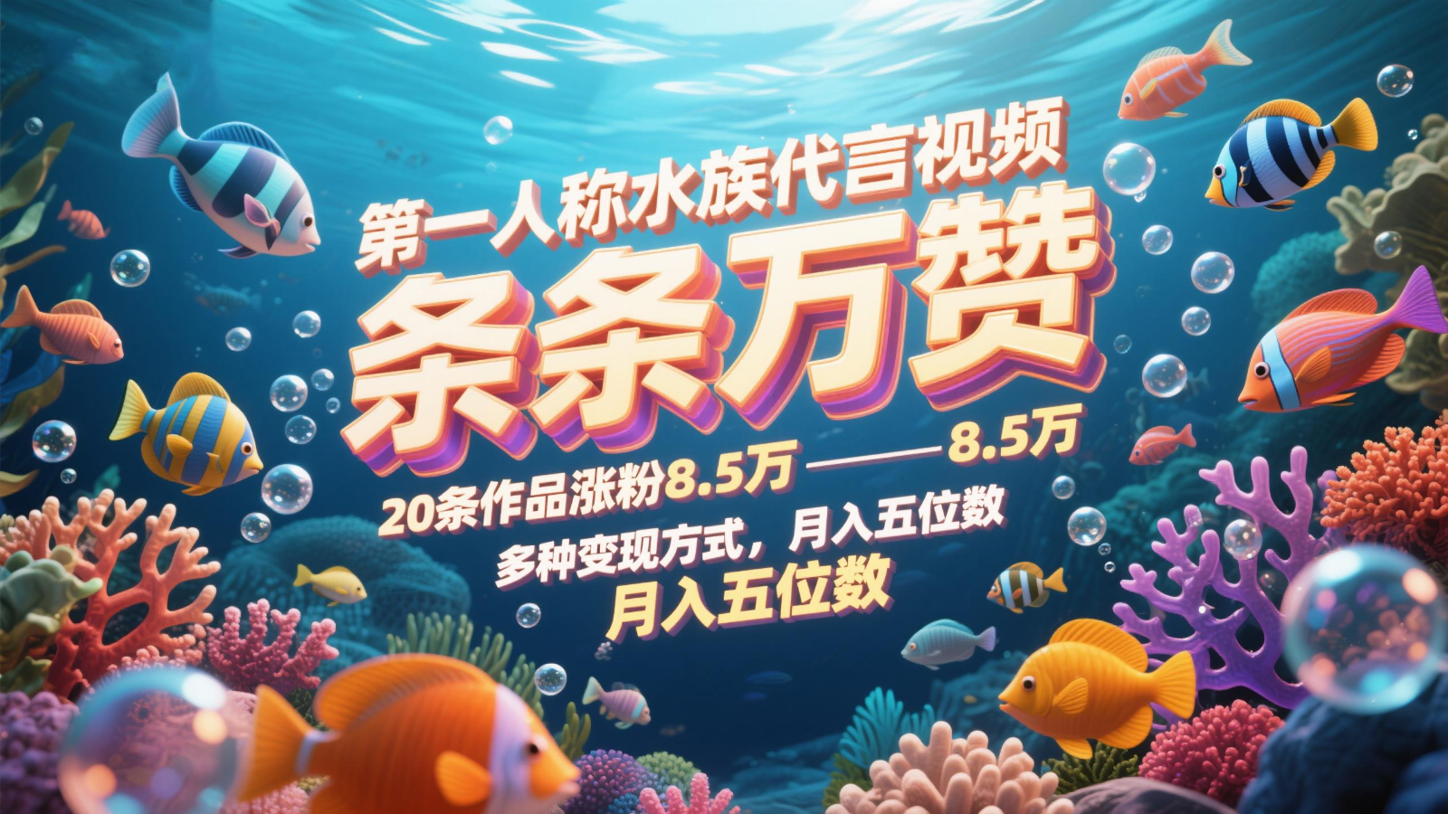 第一人称水族代言视频，条条万赞，20条作品涨粉8.5万，多种变现方式月，入五位数-资源宝库