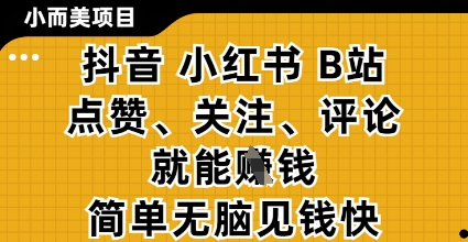 小而美的项目，抖音小红书B站视频点赞、关注、评论就能挣钱，简单无脑立见收益，妥妥的零撸项目【揭秘】-灼光资源宝库