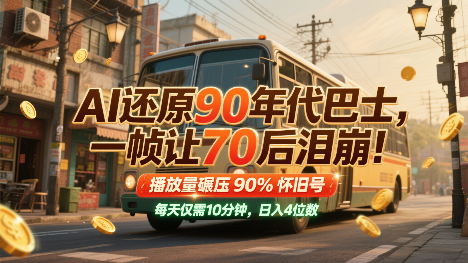 AI还原90年代巴士，一帧让70后泪崩！播放量碾压90%怀旧号，每天10分钟，日入4位数-灼光资源宝库