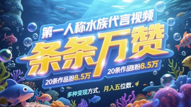 第一人称水族代言视频，条条万赞，20条作品涨粉7.8W，多种变现方式月入五位数-灼光资源宝库